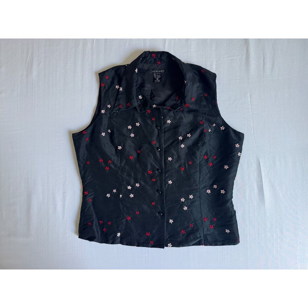 Vintage 100% Silk Floral Embroidered Button-Up Vest Top | Size 10
